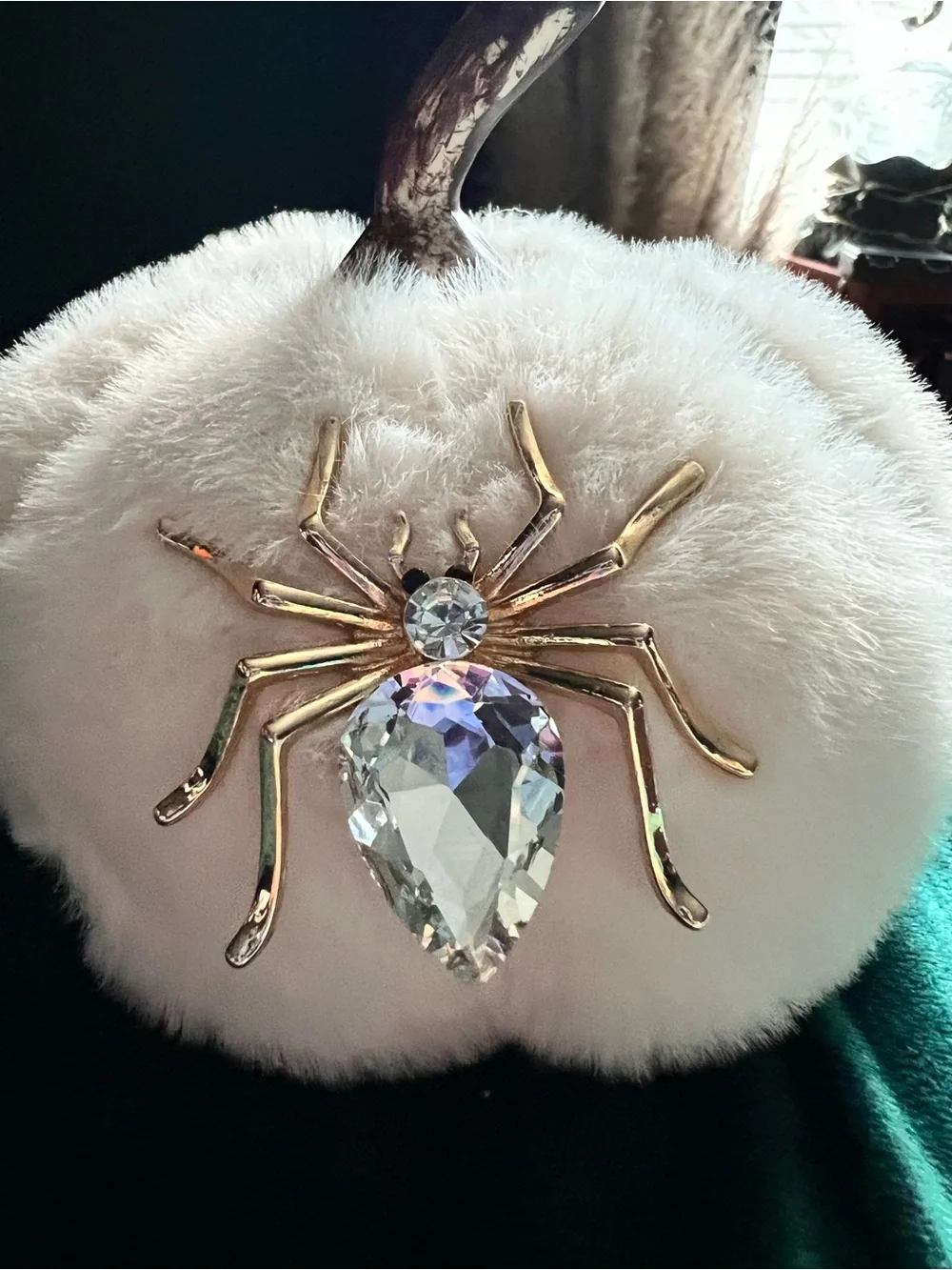 Faux Fur Pumpkin w/ Jeweled Spider